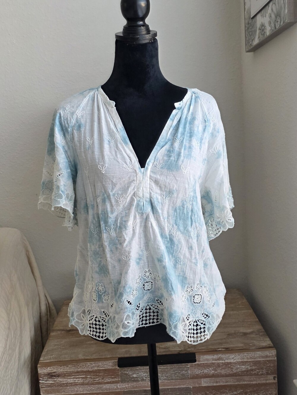 Anthropologie Light Blue & White Tie-Dye Lace Trim V-Neck Blouse